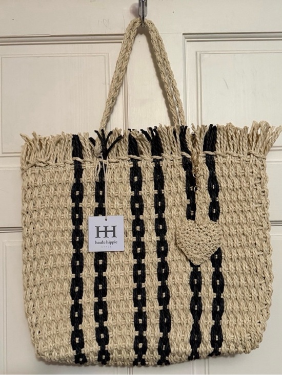 Haute Hippie Handbags - Haute Hippie Natural and Black Woven Straw Tote with Heart Charm